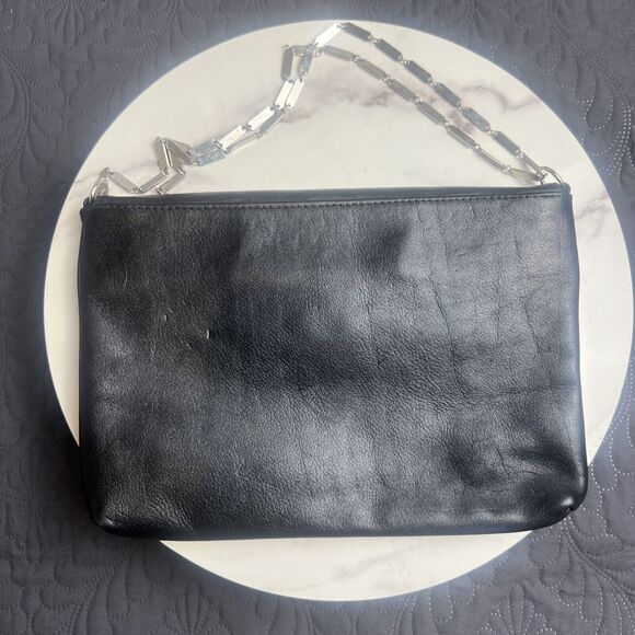 VINTAGE Black Flap Clutch Evening Purse w/Metal Razor Chain Strap Real Leather - Picture 4 of 8